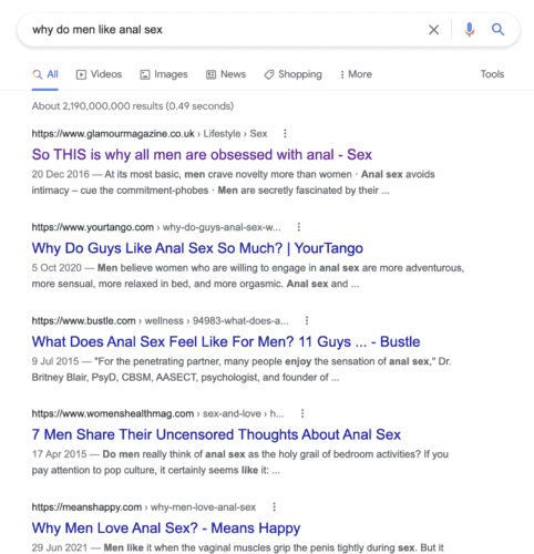 A screenshot of search results for why men love anal sex